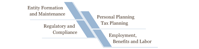 Entity Formation and Maintenance; Personal Planning; Tax Planning; Regulatory and Compliance; Employment, Benefits and Labor