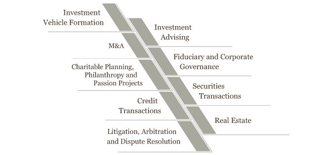 Investment Vehicle Formation; Investment Advising; M&amp;A; Fiduciary and Corporate Governance; Charitable Planning, Philanthropy and Passion Projects; Securities Transactions; Credit Transactions; Real Estate; Litigation, Arbitration and Dispute Resolution