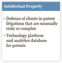 Intellectual Property: Defense of clients in patent litigations that are unusually risky or complex. Technology platform and analytics database for patents